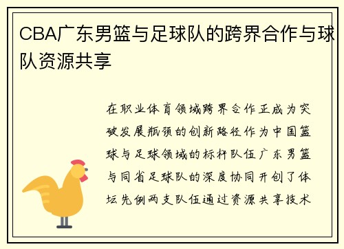 CBA广东男篮与足球队的跨界合作与球队资源共享