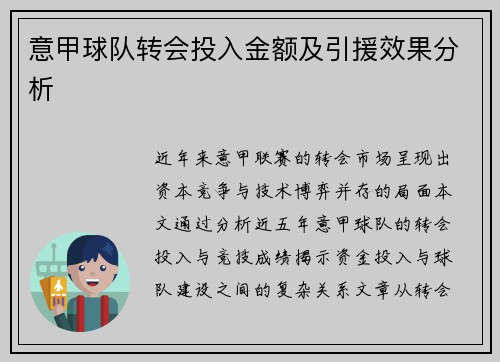 意甲球队转会投入金额及引援效果分析